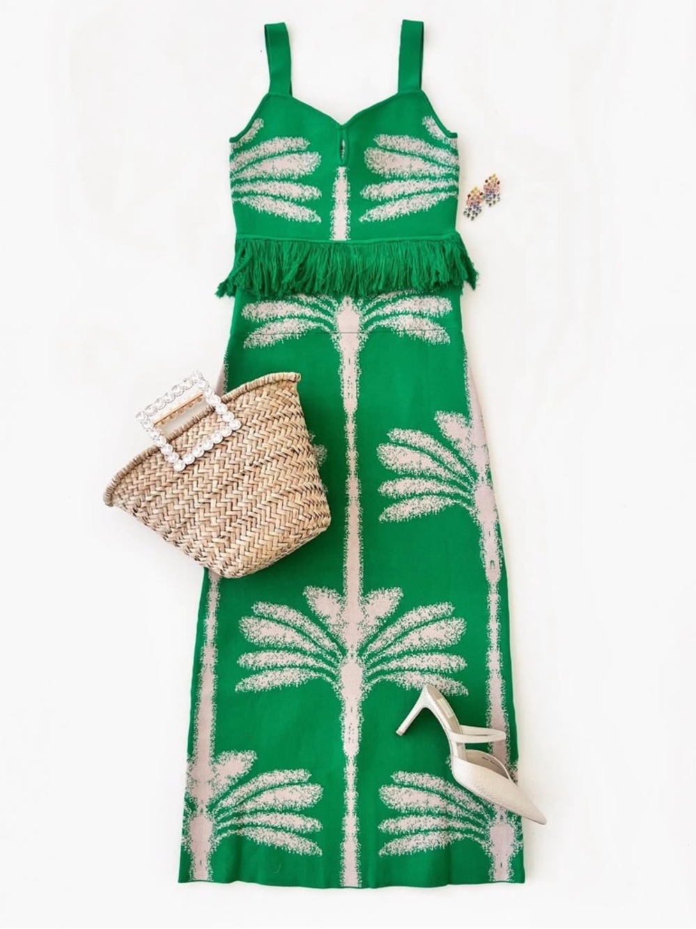 Rivir Green Knit Palm Fringe Tank and Midi Skirt Set